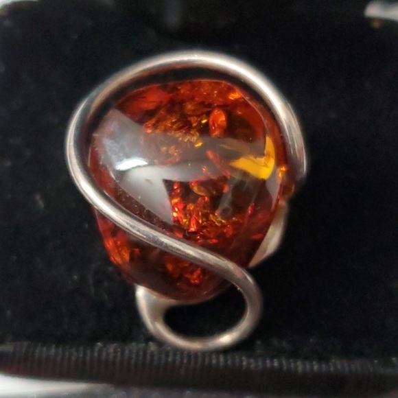 Silver Snake Swirl Wrap Around Amber Ring - Picture 1 of 9